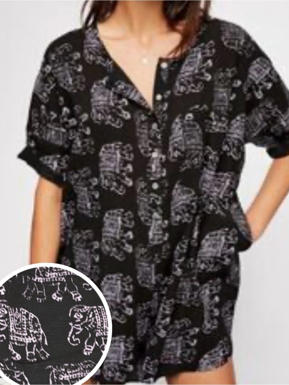 Free People Elephant Print Romper Women’s Medium Black Boho Button Front Shorts